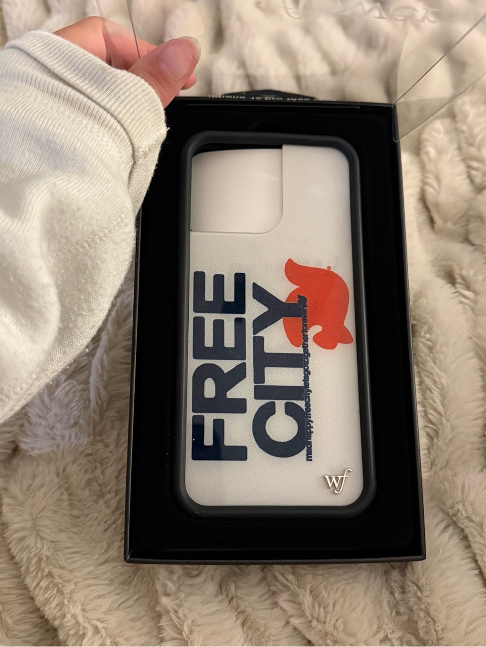 freecity White Phone Case with Navy FREE CITY Text and Orange Graphic
